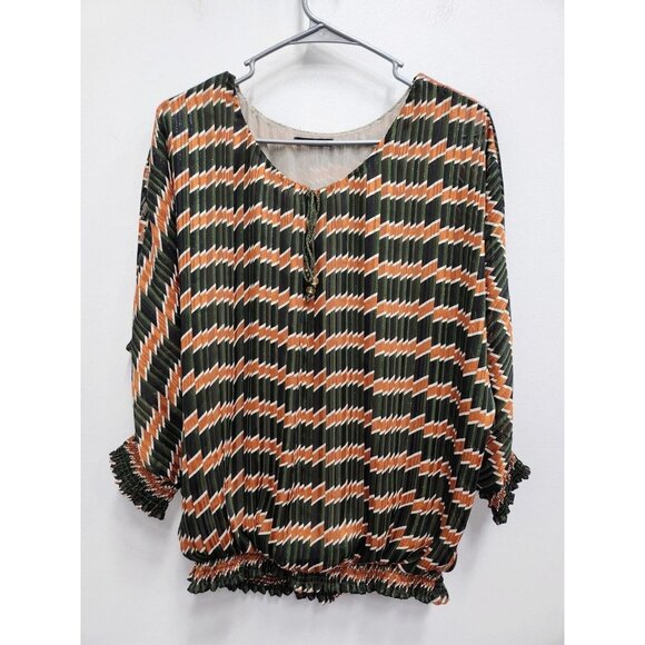 Golbary Womens Blouse Size XL Green Orange Chevron Metallic Dolman Smocked Hem - Picture 1 of 8